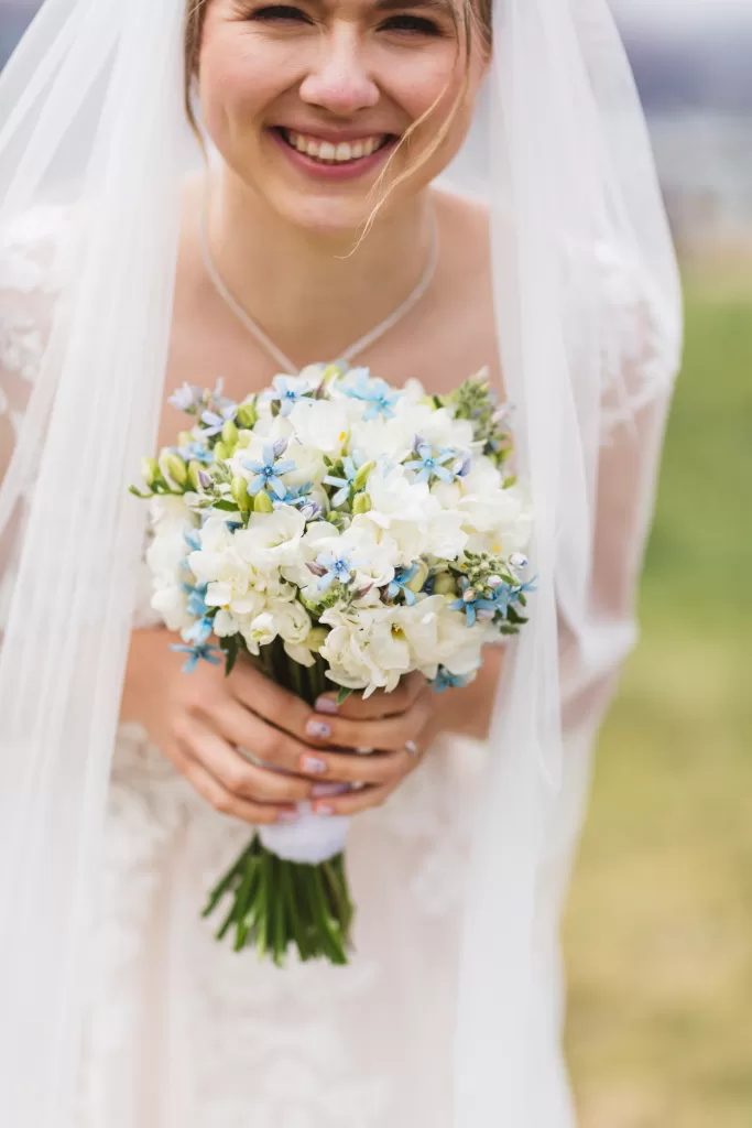 round bridal bouquet with freesia