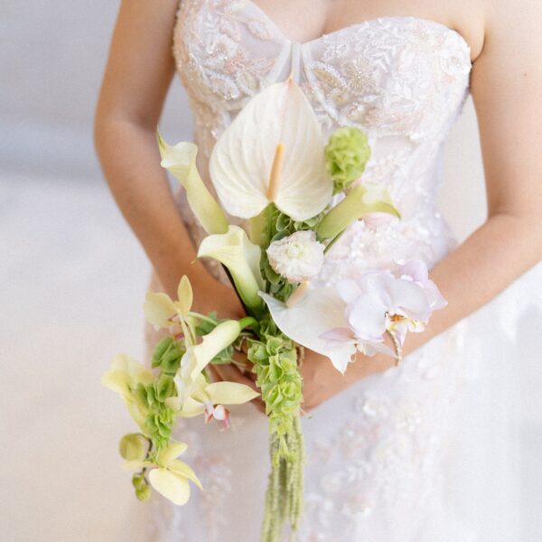 Modern bridal bouquet with an orchid
