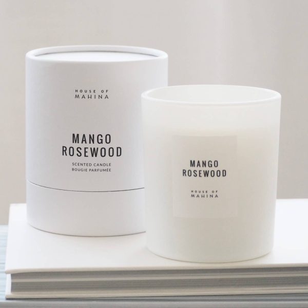 Mango Rosewood candle in matte white glass vessel